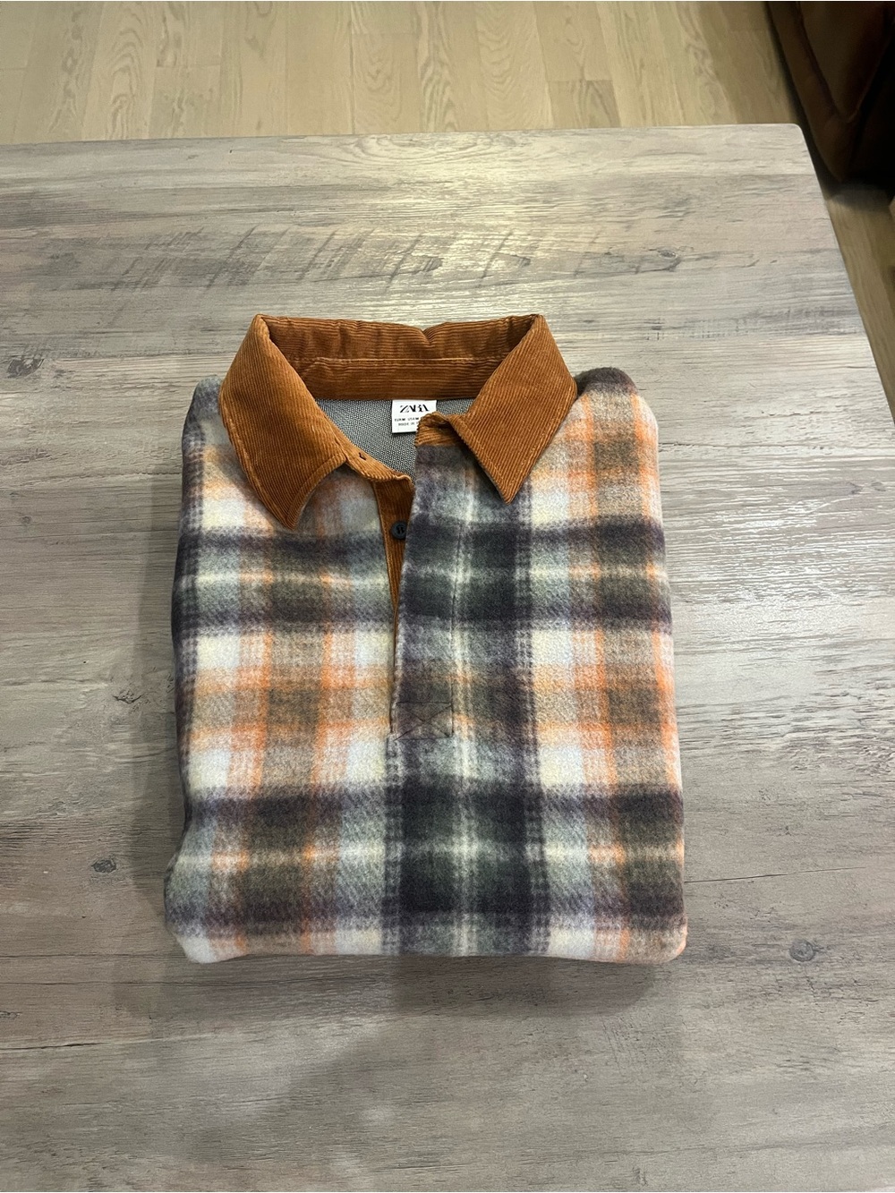 ZARA Men's Plaid Button-Down Shirt with Rust Corduroy Collar